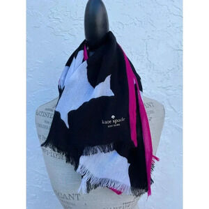 Kate Spade Womens Wool Frayed Edges Wool Scarf Shawl Black White 25x39